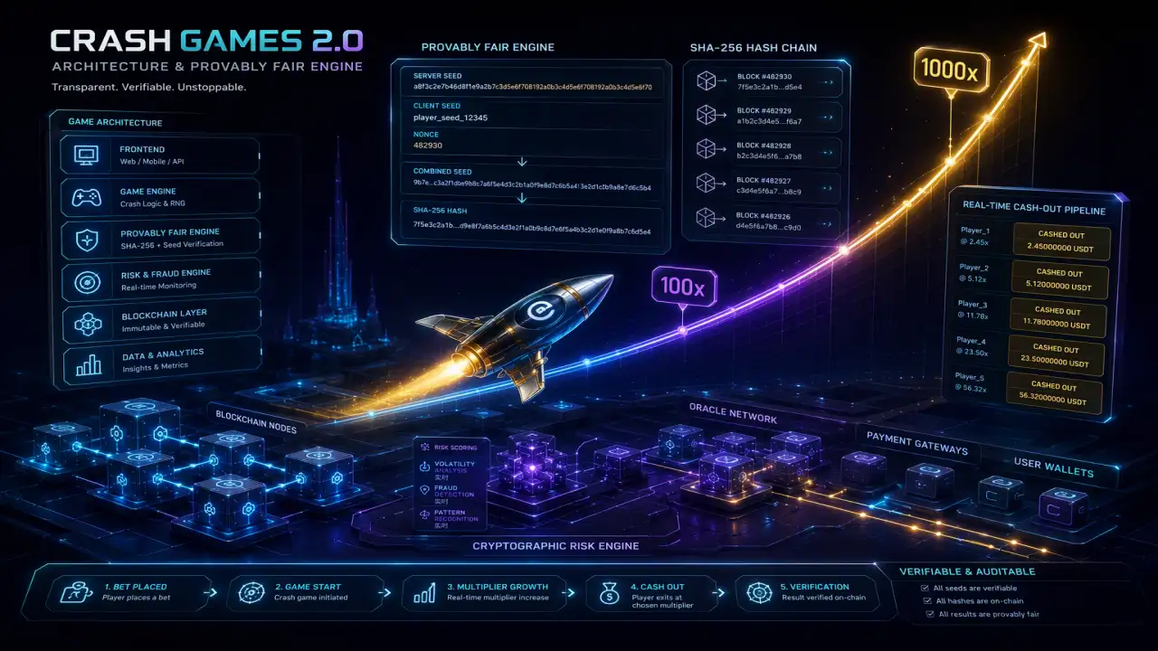 Crash Games 2.0 Architecture and Provably Fair Risk Engine
